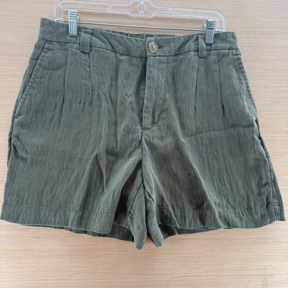 A New Day Womens Olive Green High Rise Pleated Shorts Size 10 Linen Look Casual